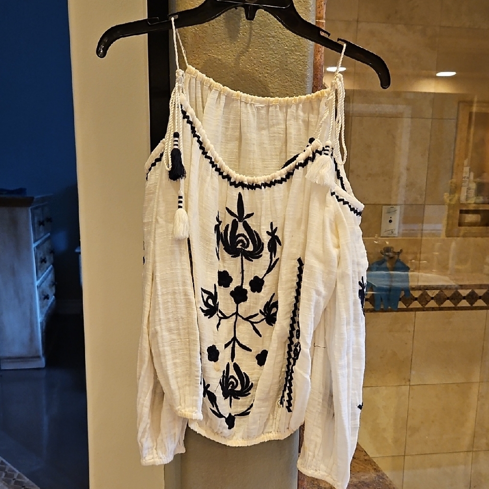 Free People White Blouse with Black Embroidery